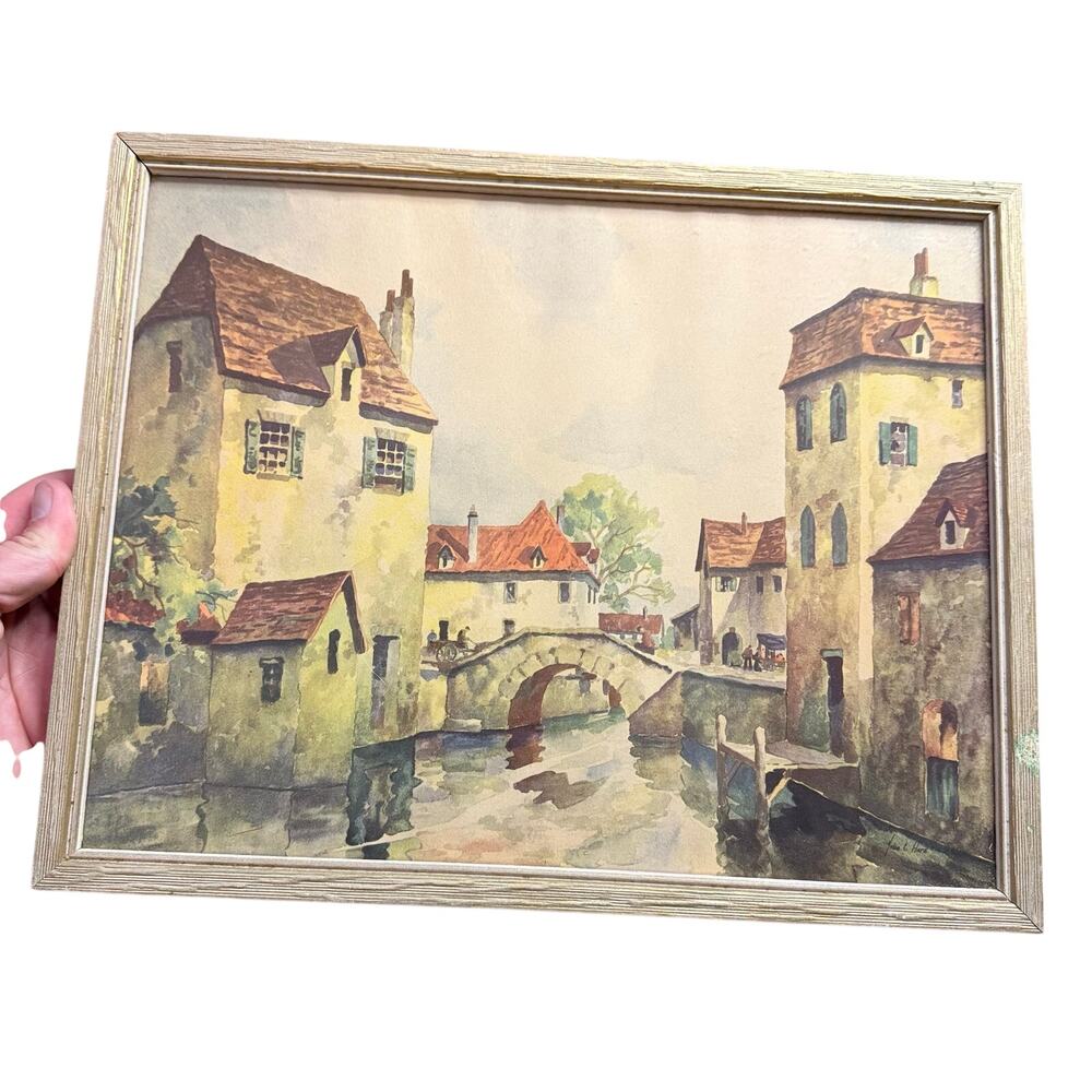 Vintage John C Hare Watercolor Print - Charming European Village Framed 12x15